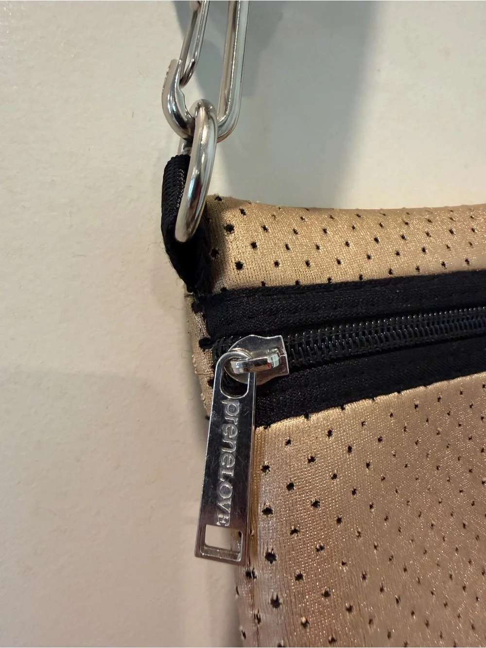 preneLOVE Champagne Gold Perforated Neoprene Crossbody Bag